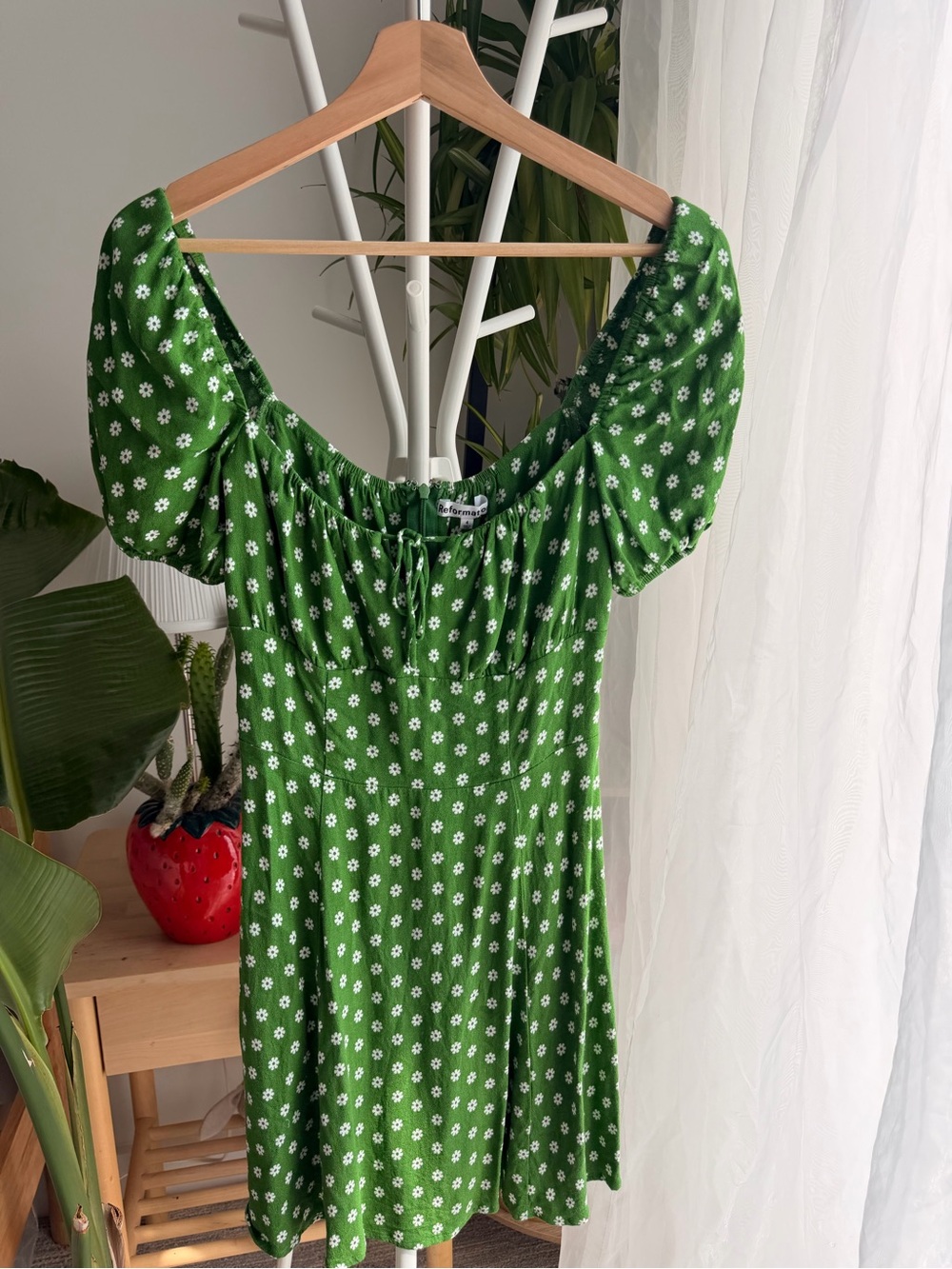 Reformation Green Daisy Puff-Sleeve Mini Dress